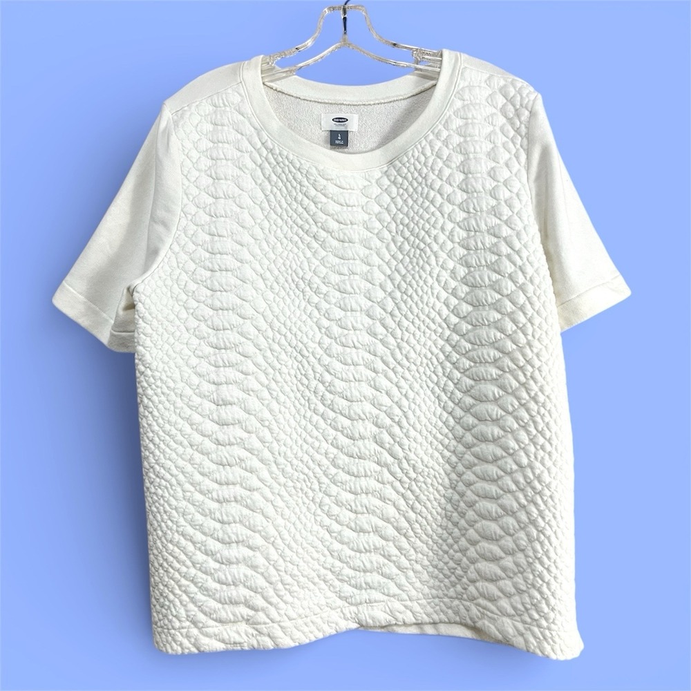 Old Navy Quilted Top Women L Ivory Crew Neck Short Sleeves Minimalist Parisian